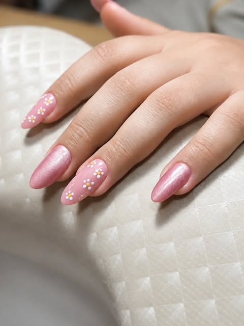 Unhas rosa com decoração floral delicada do Studio